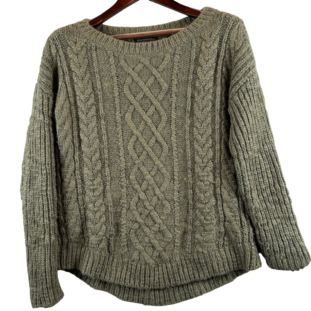 Banana Republic L Green Wool Blend Cable Knit Fisherman Sweater Oversized Cozy
